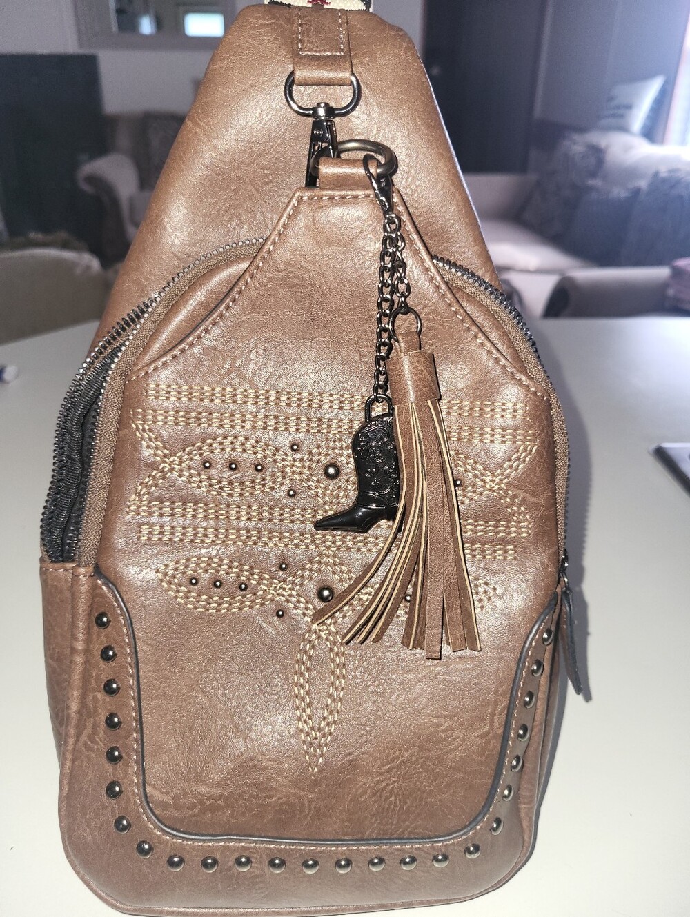 Western Style Brown FAUX Leather-Effect Sling Bag with Tassel Charm